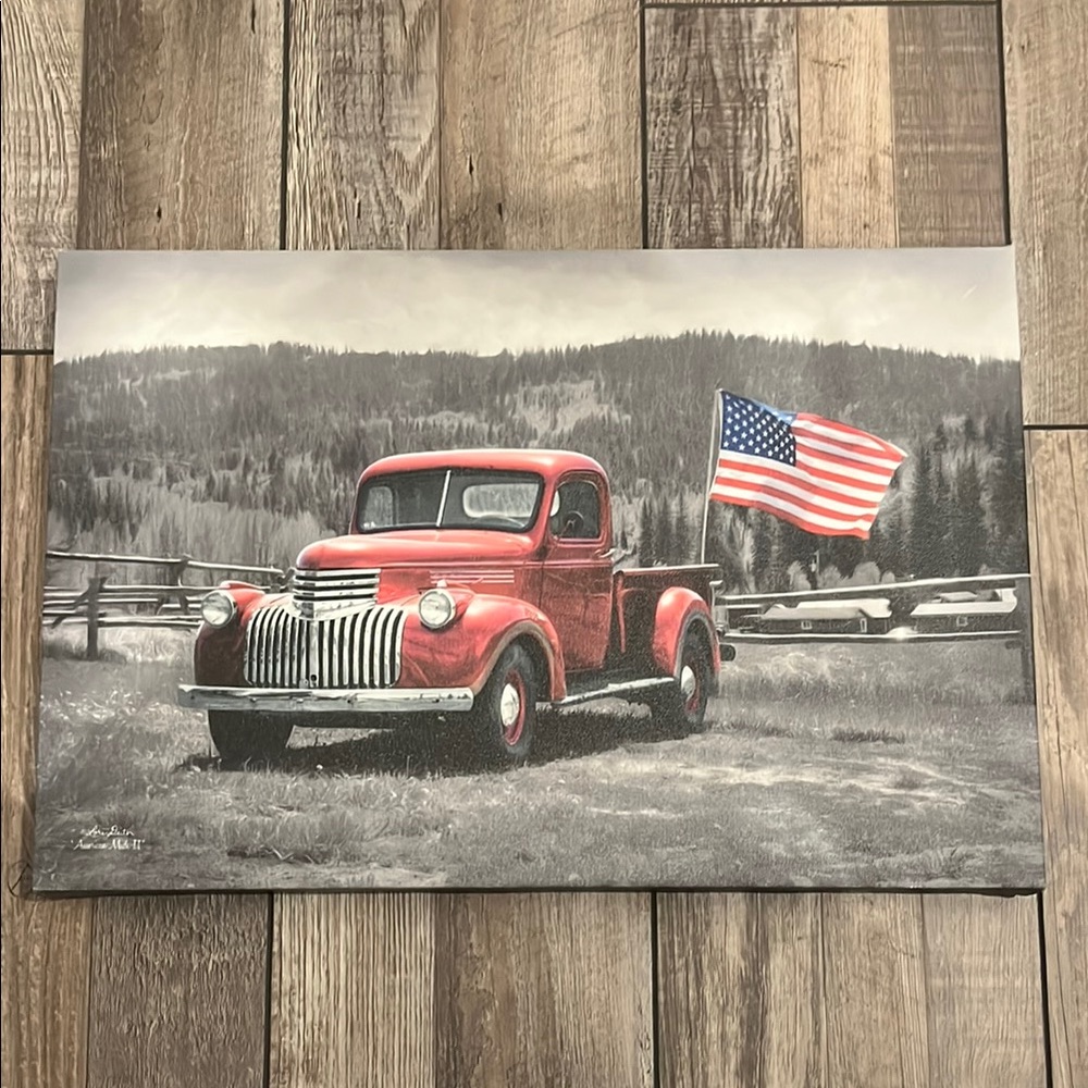 Rustic Red Truck Canvas with American Flag